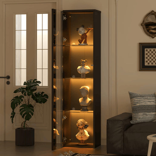 Vitrine multifuncional 40x29x170 cm - Painel de vidro, luz LED com mudança de cor, controle remoto, design simples - Preto