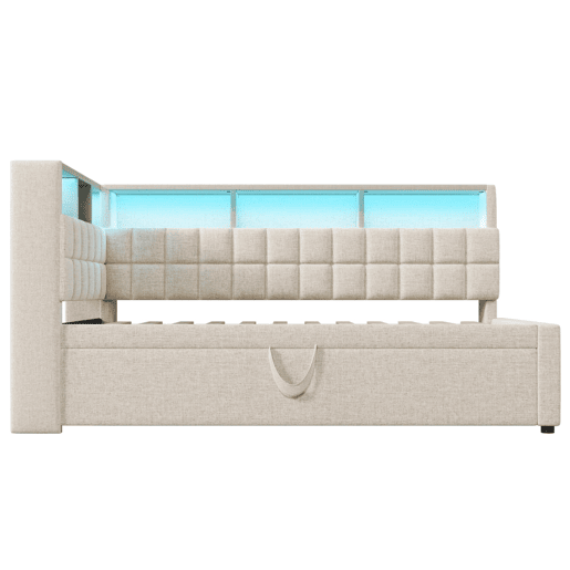 Cama individual 90x200 - Polipiel com LED, Bluetooth, USBType-C, cabeceira em L com arrumação - Bege Cama individual 90x200 - Polipiel com LED, Bluetooth, USBType-C, cabeceira em L com arrumação - Bege