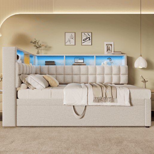 Cama individual 90x200 - Polipiel com LED, Bluetooth, USBType-C, cabeceira em L com arrumação - Bege Cama individual 90x200 - Polipiel com LED, Bluetooth, USBType-C, cabeceira em L com arrumação - Bege