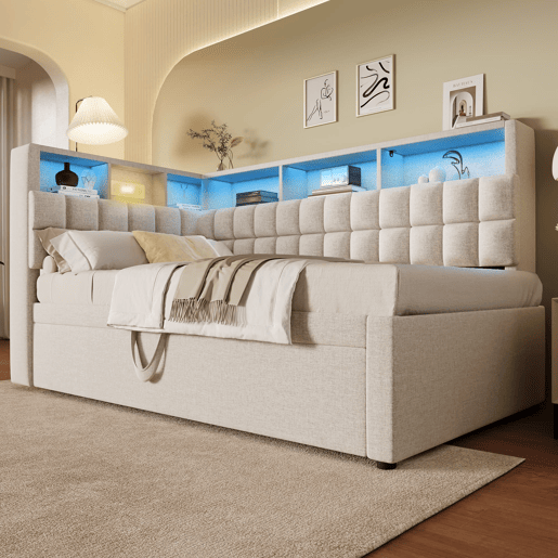 Cama individual 90x200 - Polipiel com LED, Bluetooth, USBType-C, cabeceira em L com arrumação - Bege Cama individual 90x200 - Polipiel com LED, Bluetooth, USBType-C, cabeceira em L com arrumação - Bege