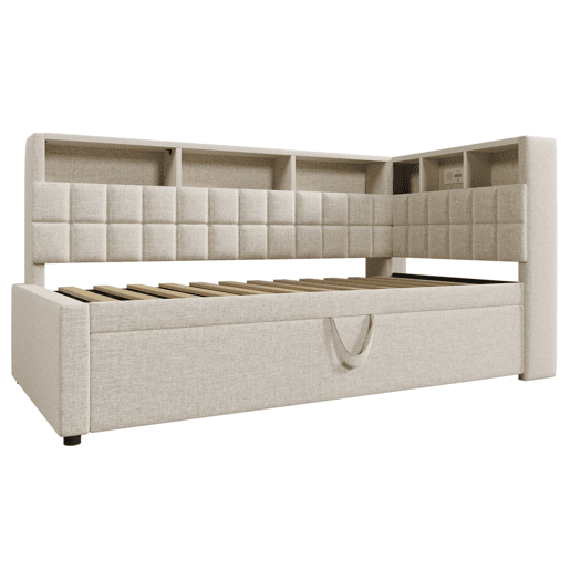 Cama individual 90x200 - Polipiel com LED, Bluetooth, USBType-C, cabeceira em L com arrumação - Bege Cama individual 90x200 - Polipiel com LED, Bluetooth, USBType-C, cabeceira em L com arrumação - Bege