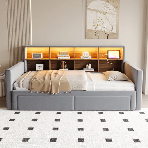 Sofá-cama extensível 90180x190 cm - Cabeceira com arrumação, LED, tomadas, 2 gavetas - Cinza escuro