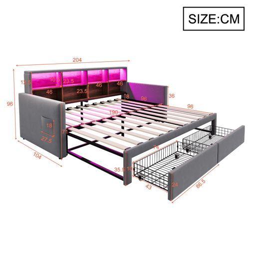 Sofá-cama extensível 90180x190 cm - Cabeceira com arrumação, LED, tomadas, 2 gavetas - Cinza escuro