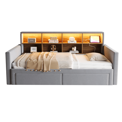 Sofá-cama extensível 90180x190 cm - Cabeceira com arrumação, LED, tomadas, 2 gavetas - Cinza escuro
