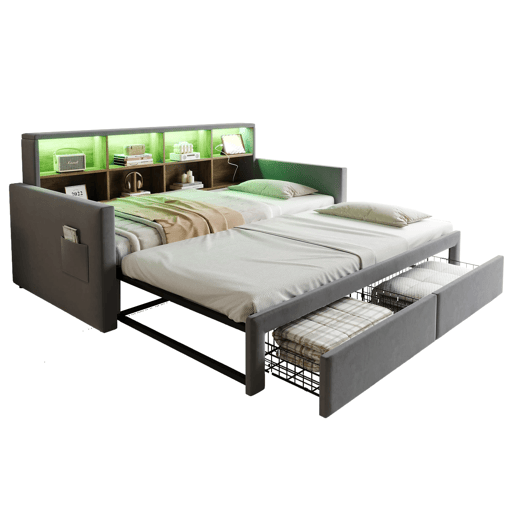 Sofá-cama extensível 90180x190 cm - Cabeceira com arrumação, LED, tomadas, 2 gavetas - Cinza escuro