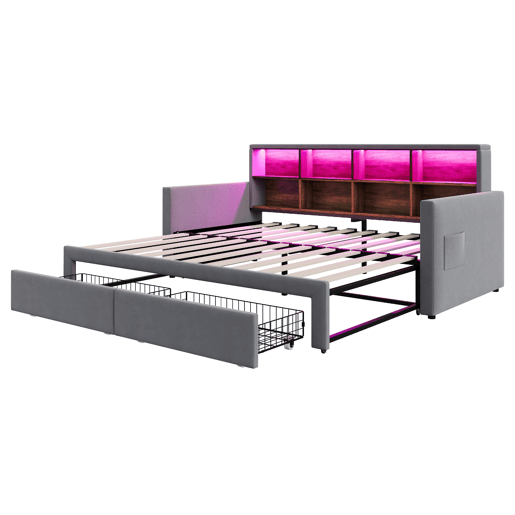 Sofá-cama extensível 90180x190 cm - Cabeceira com arrumação, LED, tomadas, 2 gavetas - Cinza escuro
