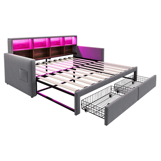 Sofá-cama extensível 90180x190 cm - Cabeceira com arrumação, LED, tomadas, 2 gavetas - Cinza escuro