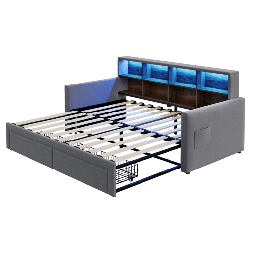 Sofá-cama extensível 90180x190 cm - Cabeceira com arrumação, LED, tomadas, 2 gavetas - Cinza escuro