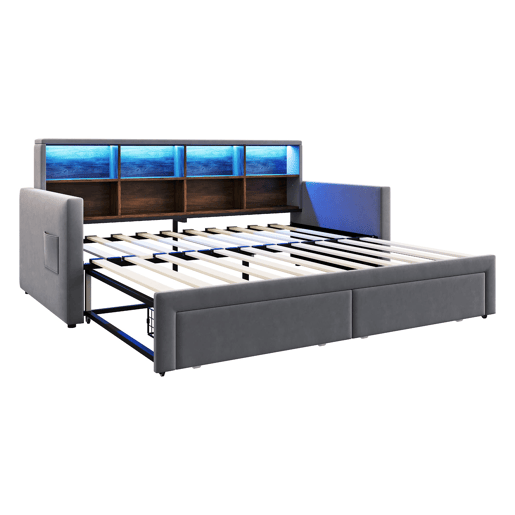 Sofá-cama extensível 90180x190 cm - Cabeceira com arrumação, LED, tomadas, 2 gavetas - Cinza escuro