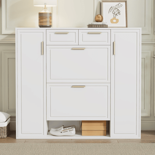 Sapateira moderna 120x24x107 cm - Prateleiras ajustáveis, 2 gavetas, portas e puxadores dourados - Branco