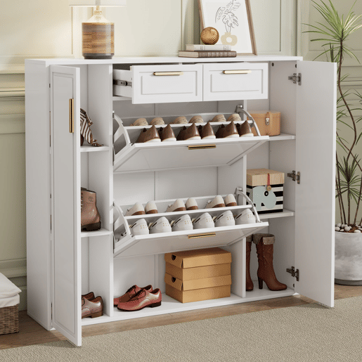 Sapateira moderna 120x24x107 cm - Prateleiras ajustáveis, 2 gavetas, portas e puxadores dourados - Branco