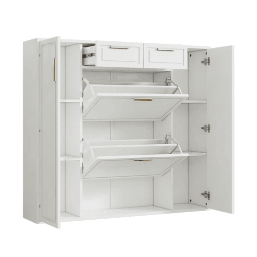 Sapateira moderna 120x24x107 cm - Prateleiras ajustáveis, 2 gavetas, portas e puxadores dourados - Branco