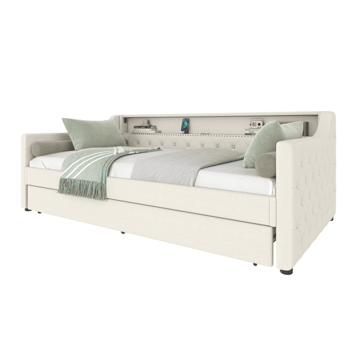 Cama de dia 90x200 cm - Sofá-cama, com estrado, luzes LED, cama extensível, USB - Bege
