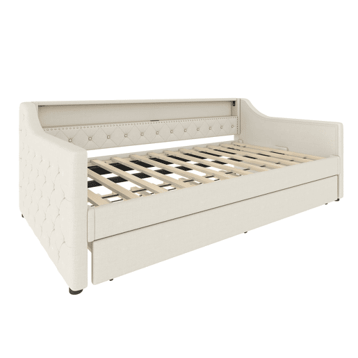 Cama de dia 90x200 cm - Sofá-cama, com estrado, luzes LED, cama extensível, USB - Bege