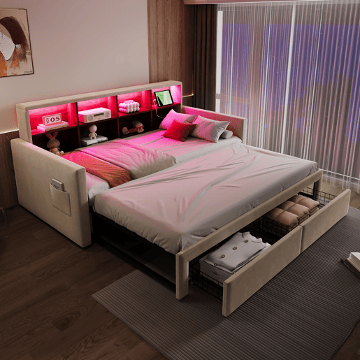 Sofá-cama extensível 90180x190 cm - Cabeceira com arrumação, LED, 2 gavetas, ripas, bege