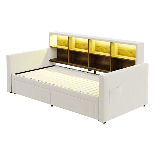 Sofá-cama extensível 90180x190 cm - Cabeceira com arrumação, LED, 2 gavetas, ripas, bege