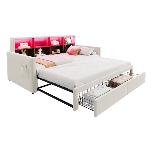 Sofá-cama extensível 90180x190 cm - Cabeceira com arrumação, LED, 2 gavetas, ripas, bege