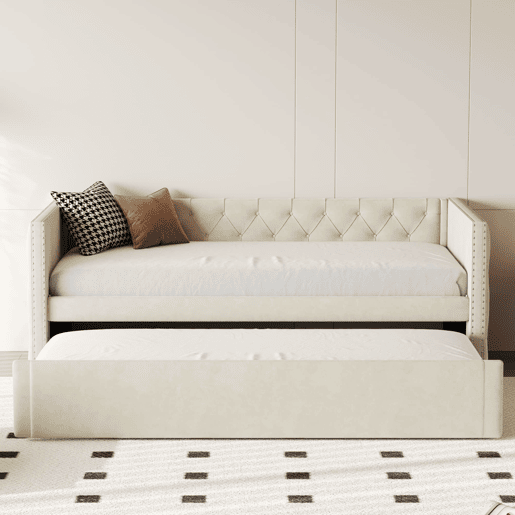 Sofá-cama 90x200 cm - Com estrado, multifuncional, tecido de veludo, bege