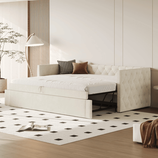 Sofá-cama 90x200 cm - Com estrado, multifuncional, tecido de veludo, bege