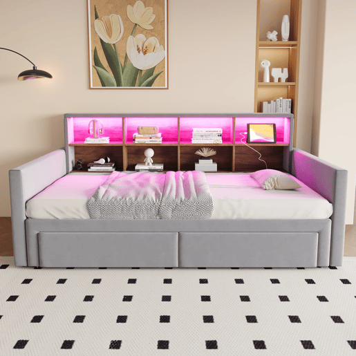 Sofá-cama extensível 90180x190 cm - Cabeceira com arrumação, LED e tomadas, 2 gavetas - Cinza claro