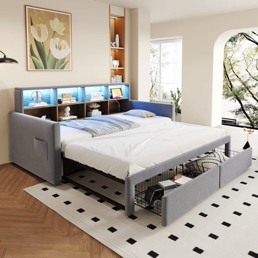 Sofá-cama extensível 90180x190 cm - Cabeceira com arrumação, LED e tomadas, 2 gavetas - Cinza claro