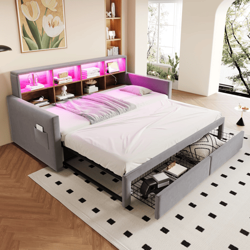 Sofá-cama extensível 90180x190 cm - Cabeceira com arrumação, LED e tomadas, 2 gavetas - Cinza claro