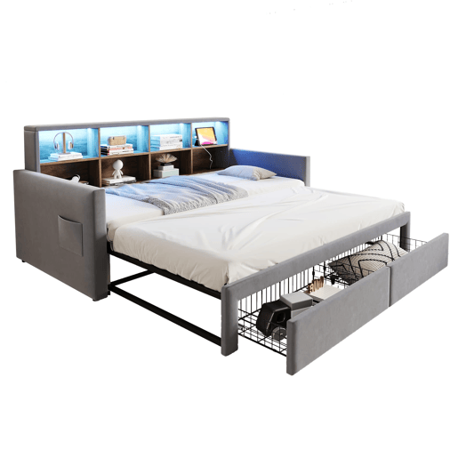 Sofá-cama extensível 90180x190 cm - Cabeceira com arrumação, LED e tomadas, 2 gavetas - Cinza claro