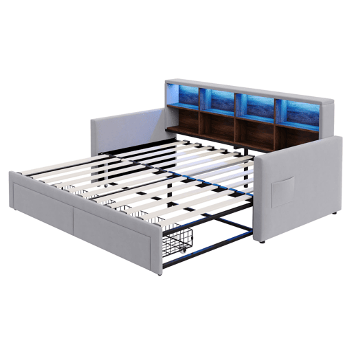 Sofá-cama extensível 90180x190 cm - Cabeceira com arrumação, LED e tomadas, 2 gavetas - Cinza claro