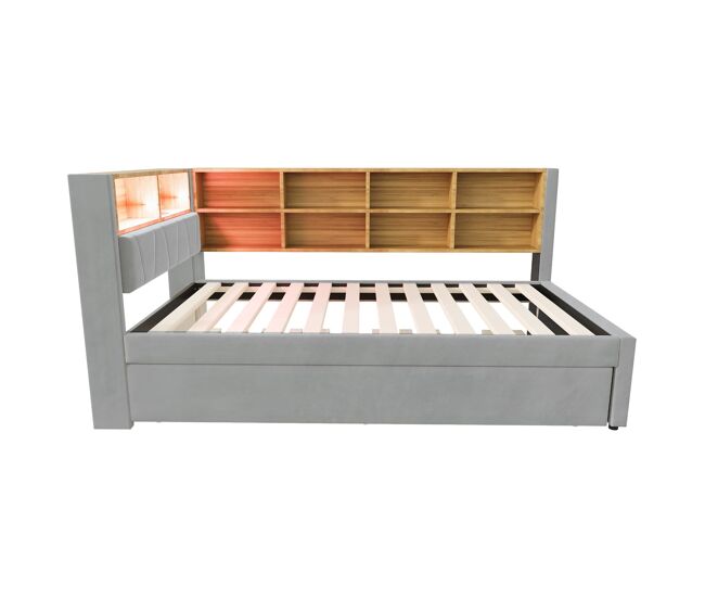 Sofá cama 90200 - cama extensible 90190, con luces led, enchufes, almacenamiento, flanela, gris claro