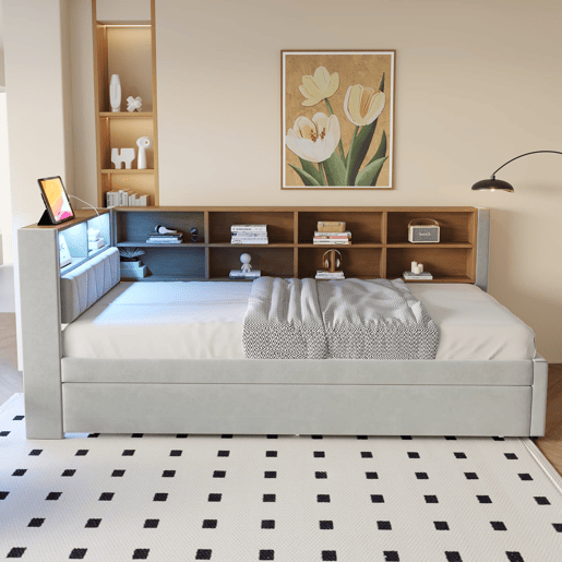 Sofá-cama 90200 - Cama extensível 90190, com luzes LED, tomadas, arrumação, flanela, cinzento claro