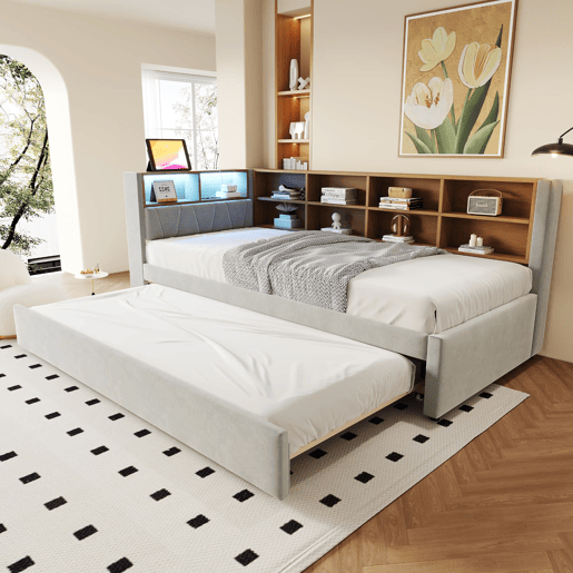 Sofá-cama 90200 - Cama extensível 90190, com luzes LED, tomadas, arrumação, flanela, cinzento claro