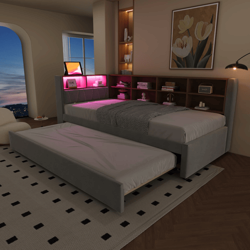 Sofá-cama 90200 - Cama extensível 90190, com luzes LED, tomadas, arrumação, flanela, cinzento claro