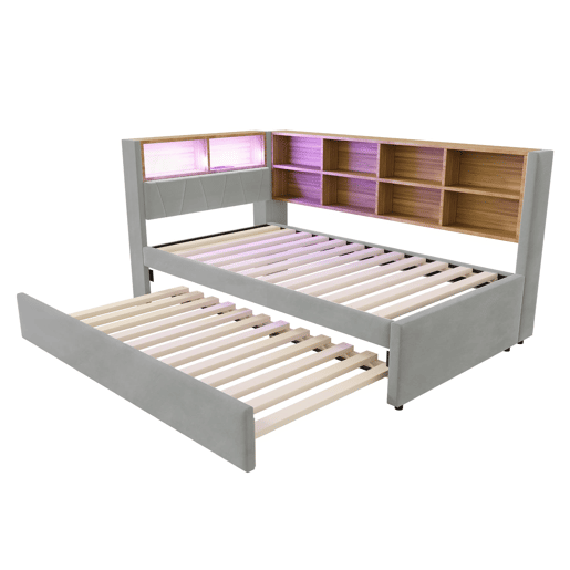 Sofá-cama 90200 - Cama extensível 90190, com luzes LED, tomadas, arrumação, flanela, cinzento claro