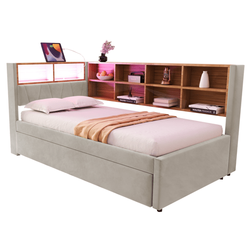 Sofá-cama 90200 - Cama extensível 90190, com luzes LED, tomadas, arrumação, flanela, cinzento claro