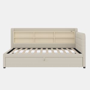 Cama de dia 90x200 cm (180x200 cm) - Sofá-cama, design multifuncional com USB e Tipo C, prateleiras, linho bege