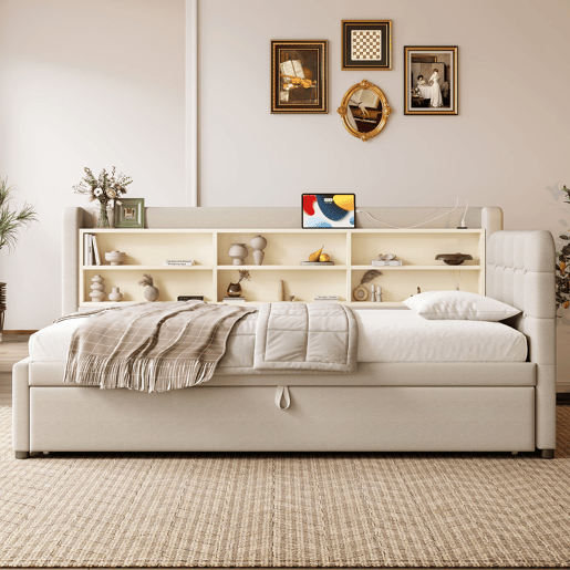 Cama de dia 90x200 cm (180x200 cm) - Sofá-cama, design multifuncional com USB e Tipo C, prateleiras, linho bege