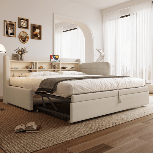 Cama de dia 90x200 cm (180x200 cm) - Sofá-cama, design multifuncional com USB e Tipo C, prateleiras, linho bege