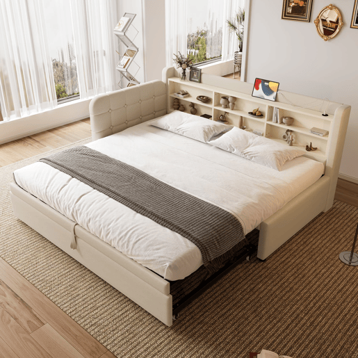 Cama de dia 90x200 cm (180x200 cm) - Sofá-cama, design multifuncional com USB e Tipo C, prateleiras, linho bege
