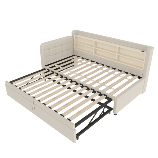 Cama de dia 90x200 cm (180x200 cm) - Sofá-cama, design multifuncional com USB e Tipo C, prateleiras, linho bege