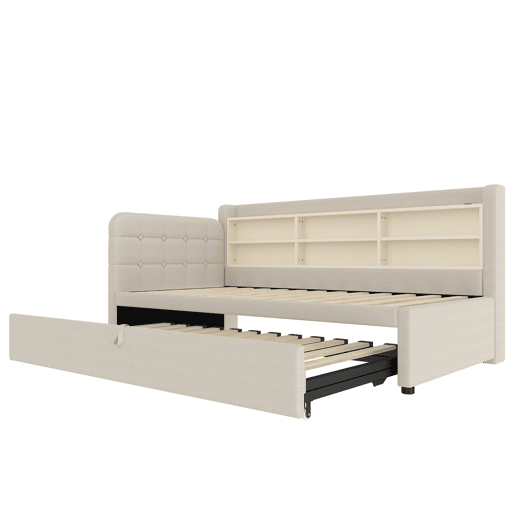 Cama de dia 90x200 cm (180x200 cm) - Sofá-cama, design multifuncional com USB e Tipo C, prateleiras, linho bege