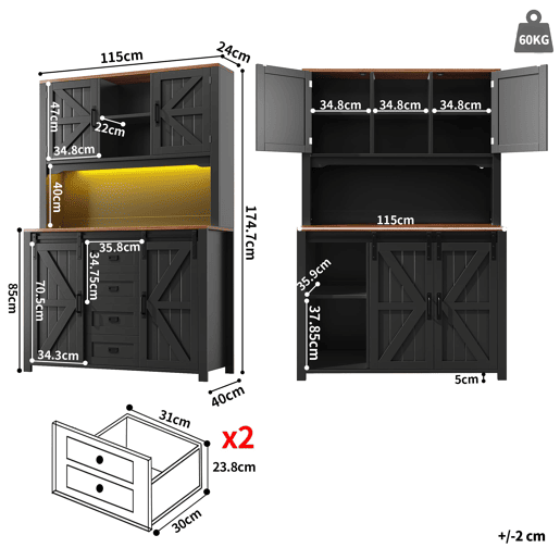 Aparador 120x40x180 cm - Aparador com portas de acrílico e LED - Preto