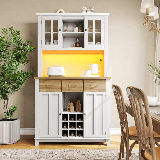 Aparador 106 x 40 x 179,5 cm - Móvel alto com prateleiras ajustáveis, aparador com iluminação LED - Branco