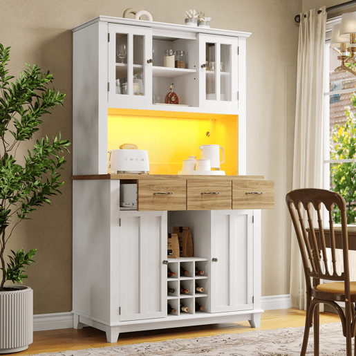Aparador 106 x 40 x 179,5 cm - Móvel alto com prateleiras ajustáveis, aparador com iluminação LED - Branco