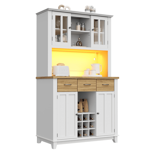 Aparador 106 x 40 x 179,5 cm - Móvel alto com prateleiras ajustáveis, aparador com iluminação LED - Branco