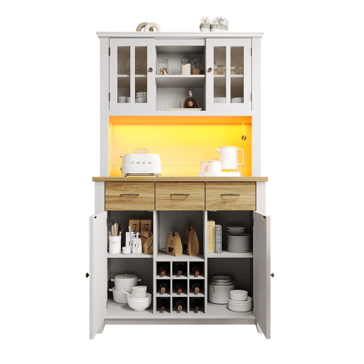Aparador 106 x 40 x 179,5 cm - Móvel alto com prateleiras ajustáveis, aparador com iluminação LED - Branco