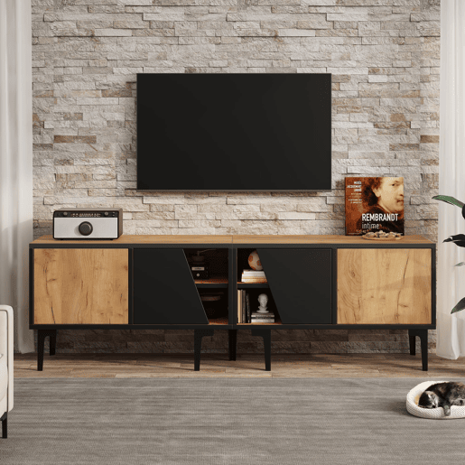 Móvel de TV 160x36,5x45 cm - 4 compartimentos, 7 pés, design minimalista - Natural