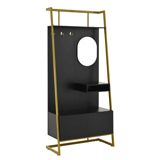 Móvel de entrada 78x38,5x180,5 cm - Guarda-roupa com espelho, cabides metálicos, banco e sapateira - Preto