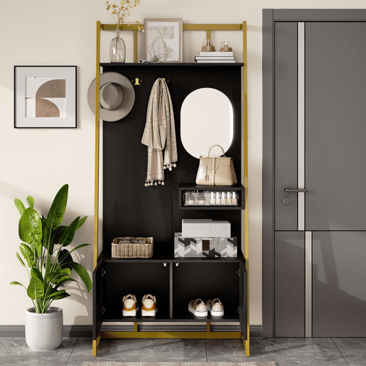 Móvel de entrada 78x38,5x180,5 cm - Guarda-roupa com espelho, cabides metálicos, banco e sapateira - Preto