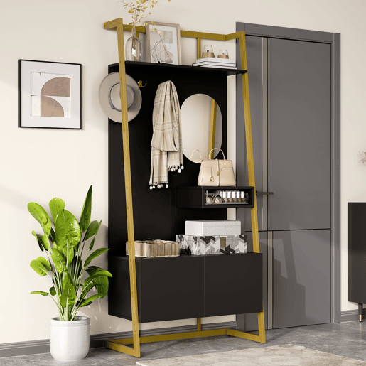 Móvel de entrada 78x38,5x180,5 cm - Guarda-roupa com espelho, cabides metálicos, banco e sapateira - Preto