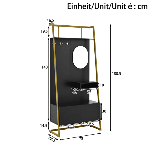 Móvel de entrada 78x38,5x180,5 cm - Guarda-roupa com espelho, cabides metálicos, banco e sapateira - Preto